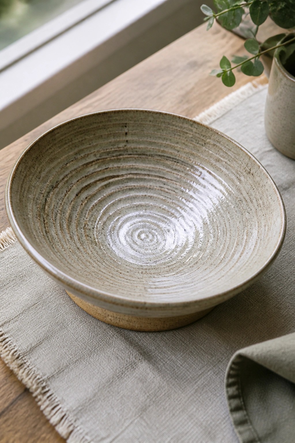 Beige ceramic bowl with spiral ridges on gray linen over wooden table
