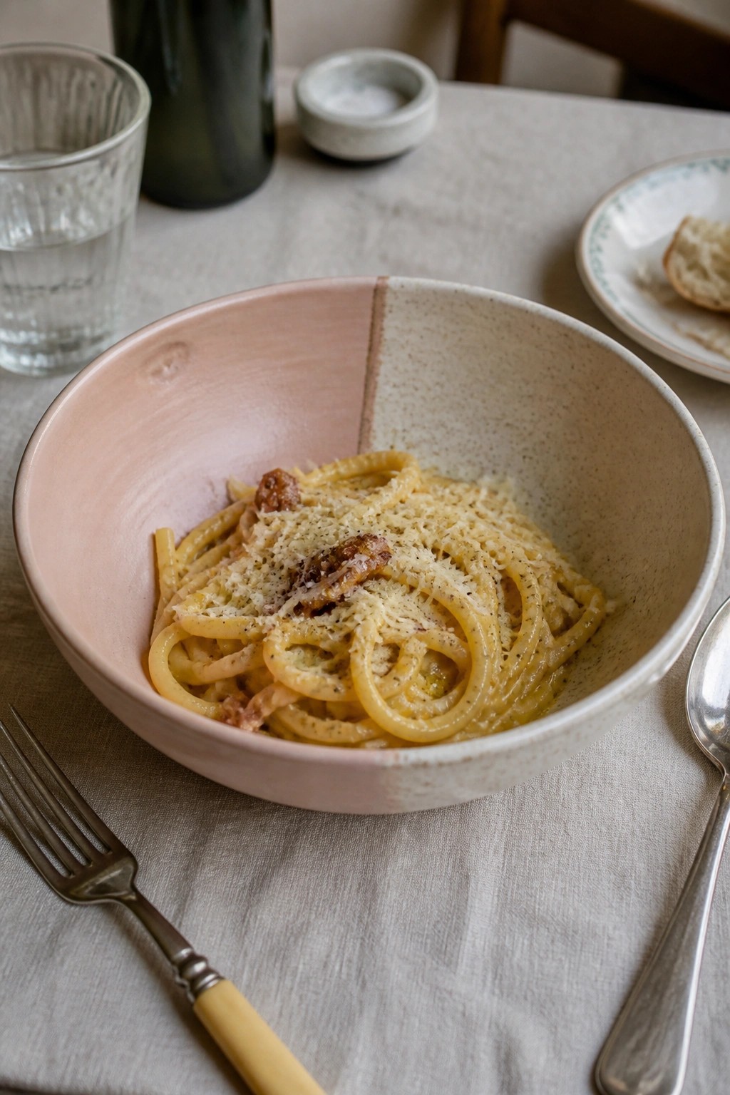 Creamy spaghetti in pink and speckled bowl with fork and spoon on table.