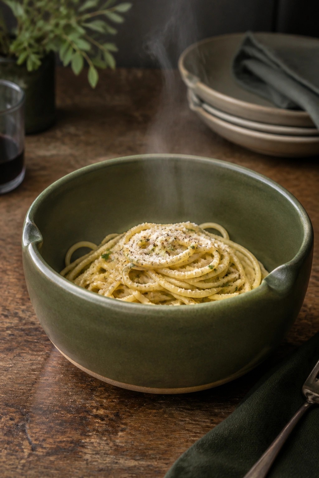 Steaming spaghetti with cheese in green bowl on rustic wooden table