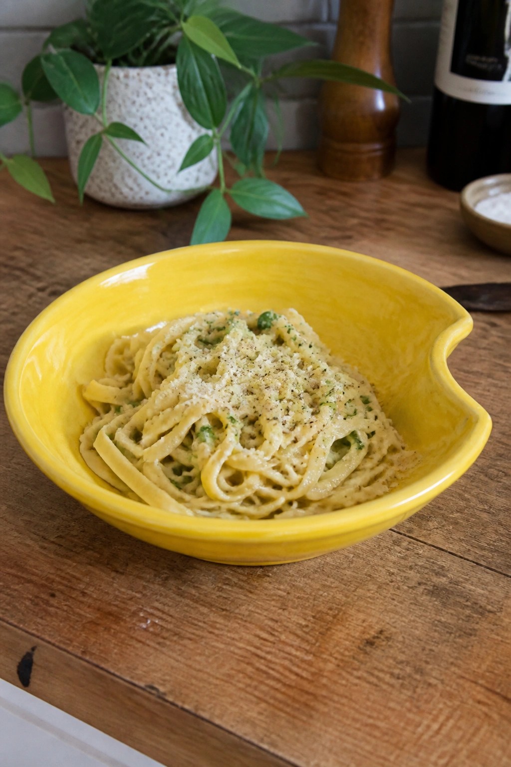 Yellow bowl of creamy pasta topped with cheese and pepper on wooden table