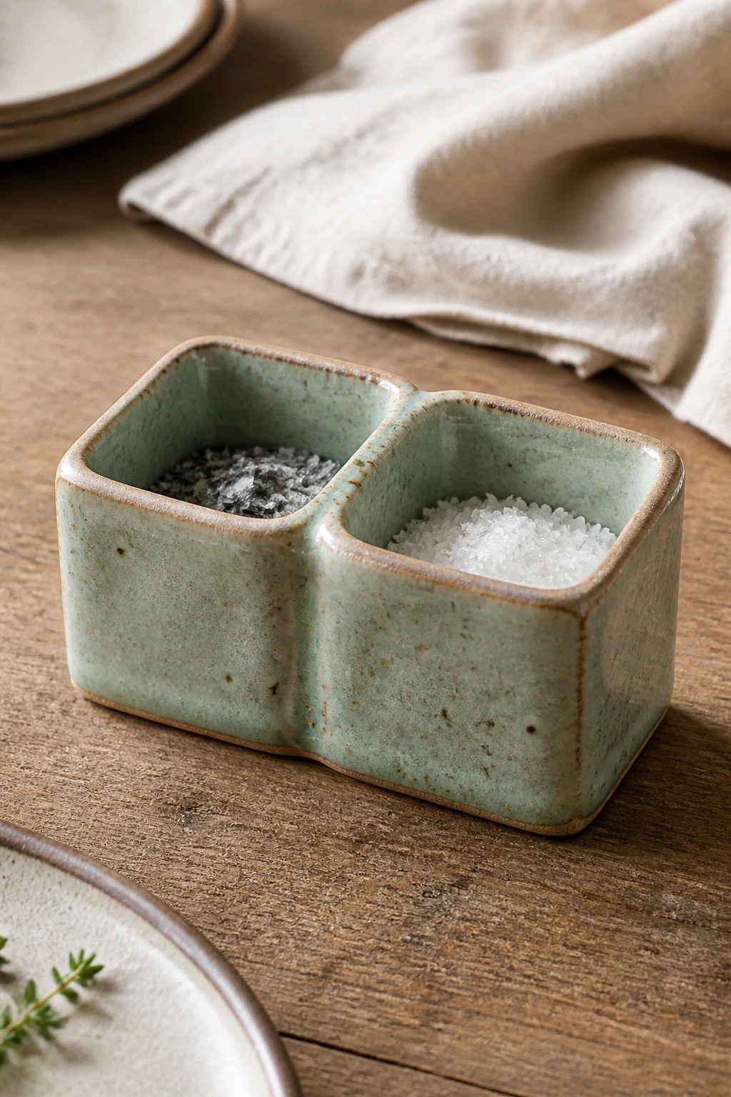 A small rectangular ceramic dish with two compartments, one filled with dark salt and the other with white salt crystals, sitting on a wooden surface.