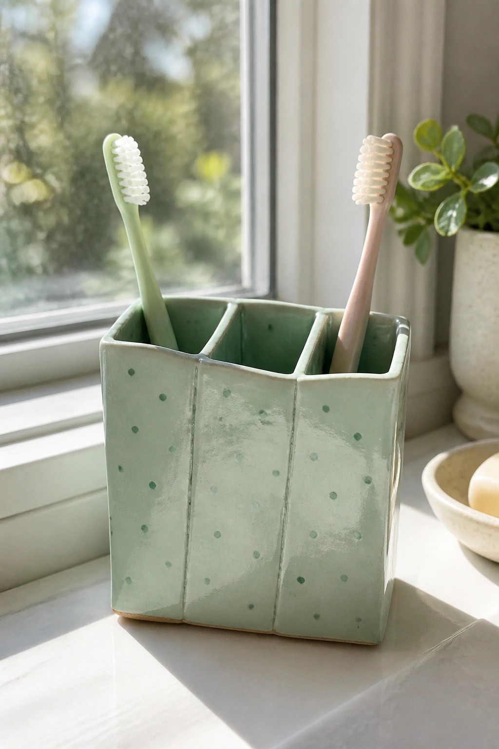 Green ceramic holder with two toothbrushes on a sunny windowsill