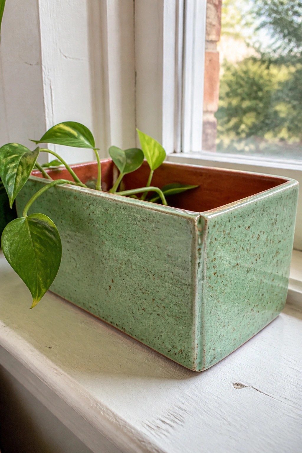 Green ceramic rectangular planter with trailing pothos on white windowsill.