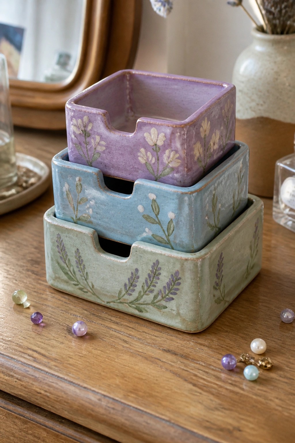 Stacked pastel ceramic trays with floral designs beside beads on wood.