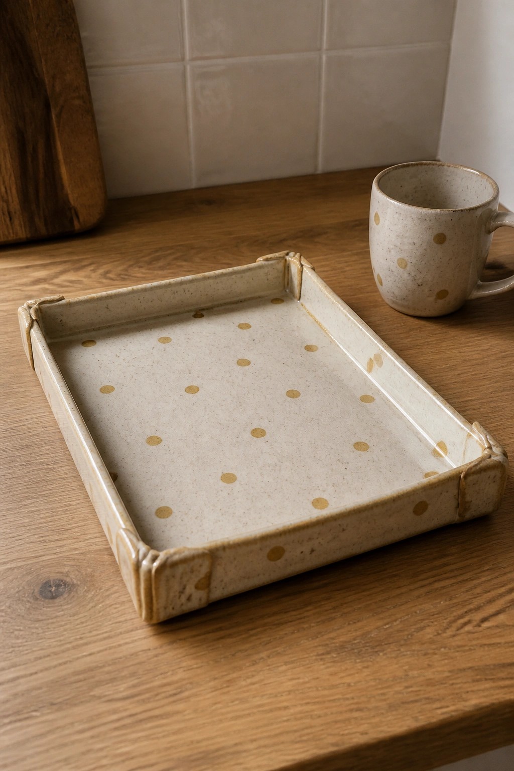 Speckled beige ceramic tray with gold dots beside matching polka-dot mug on wood counter