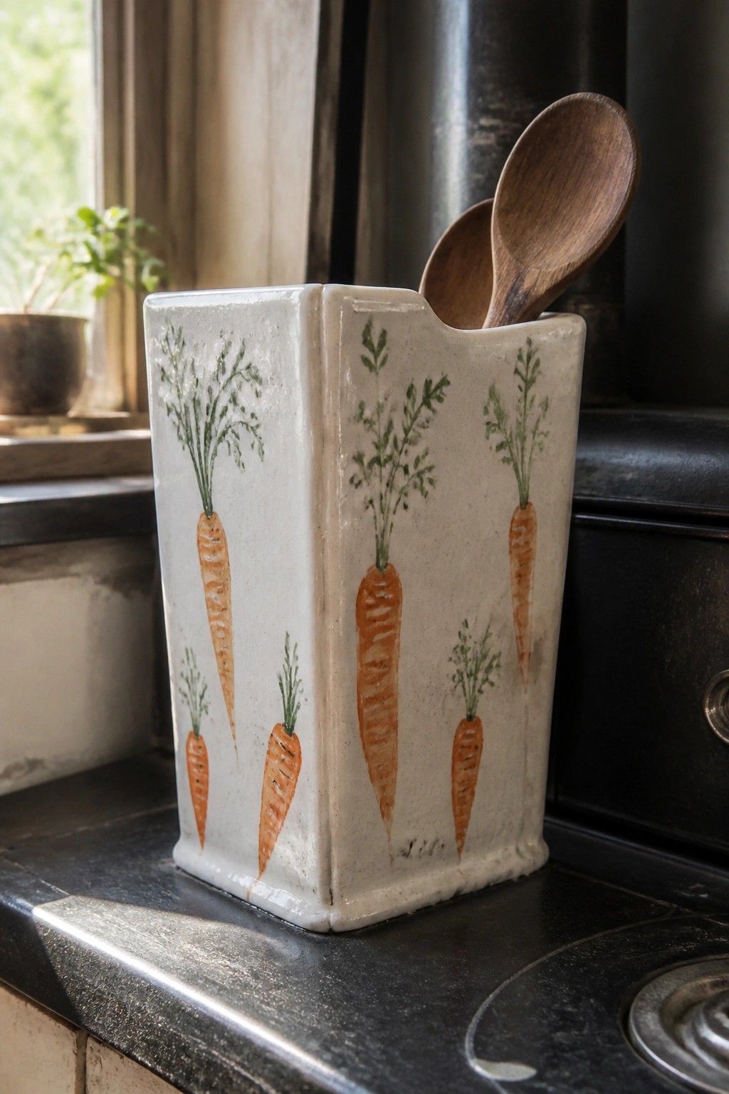 White ceramic holder with orange carrot designs holding wooden spoons on stove