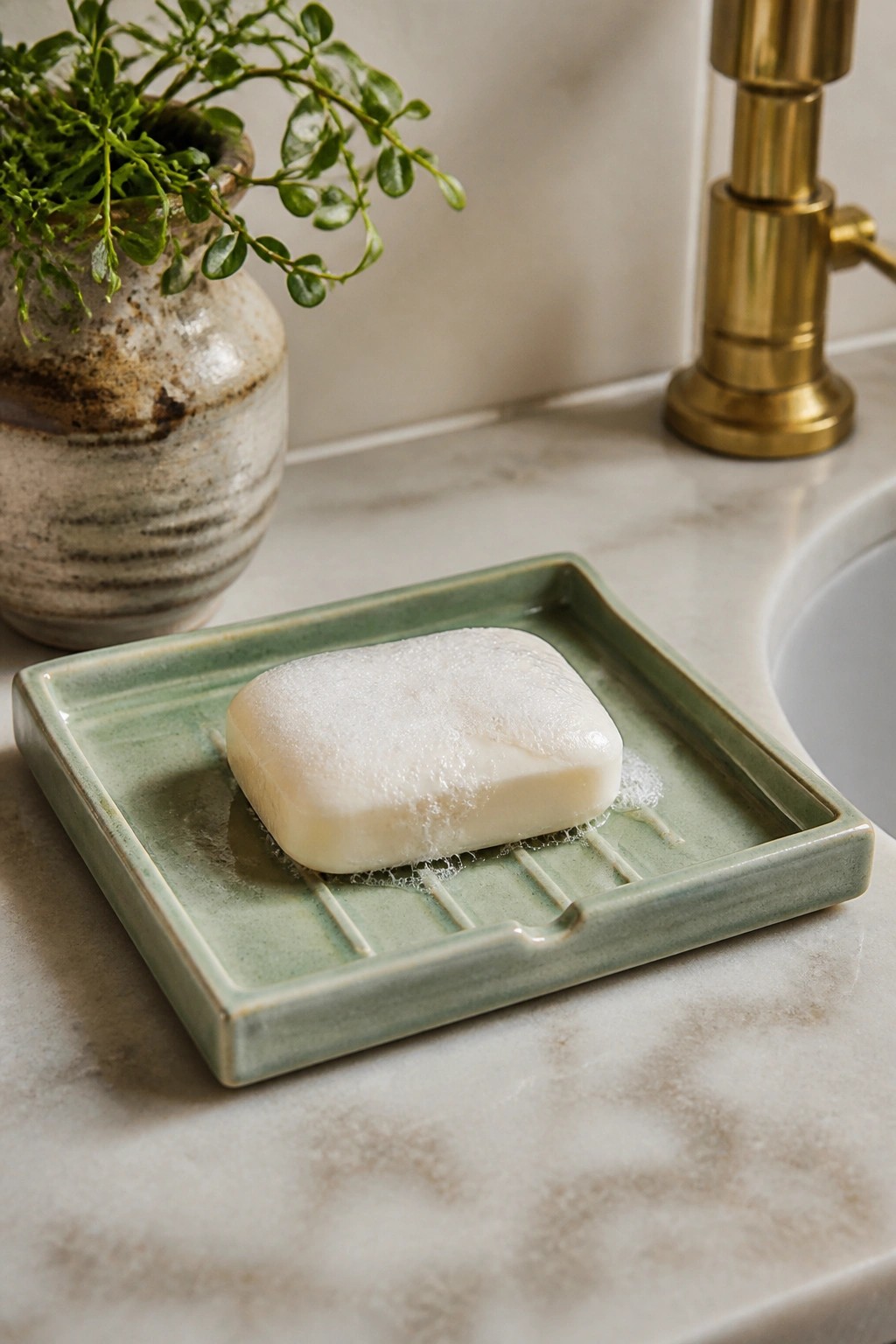 White soap with suds on green ceramic dish atop marble sink with gold faucet