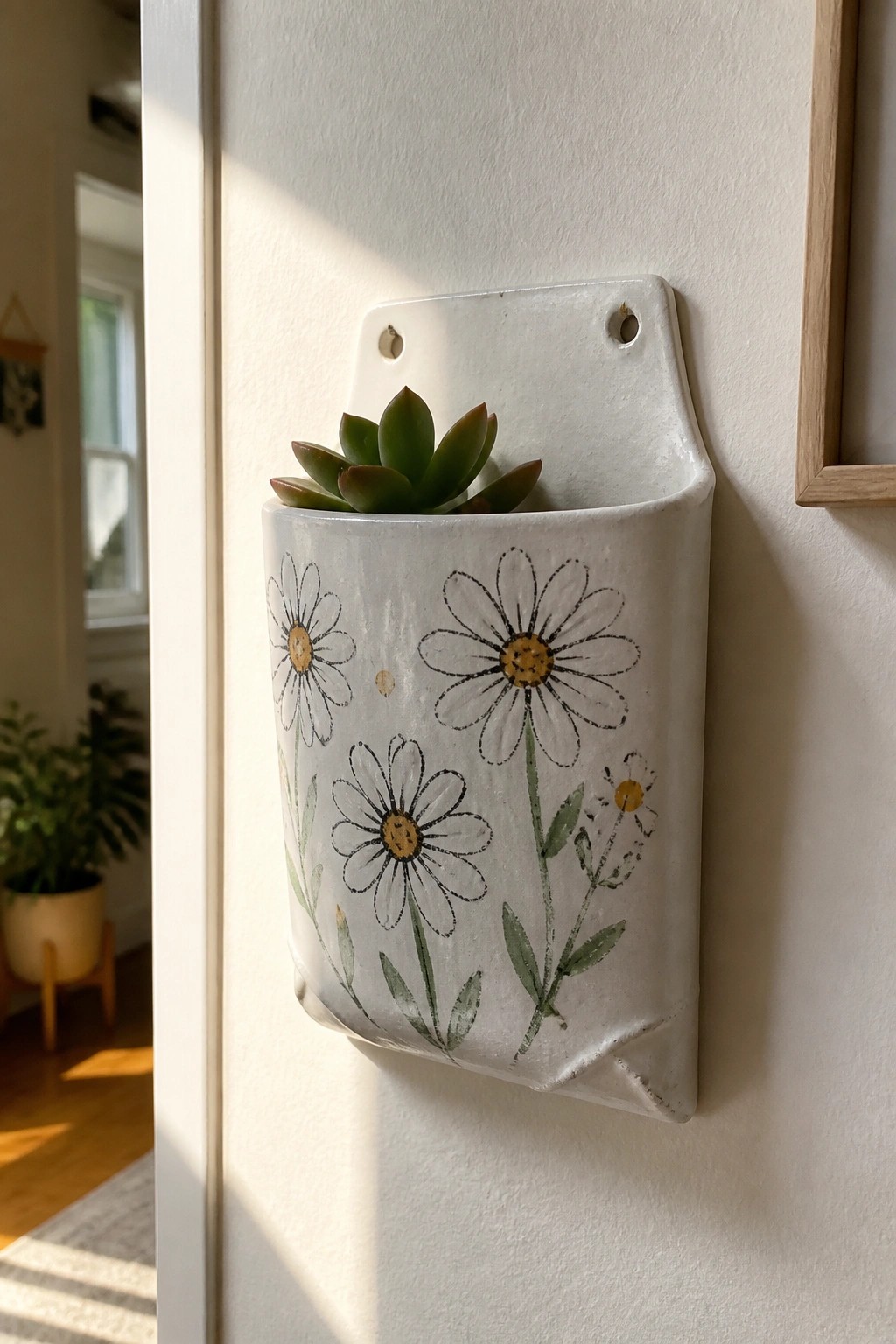 White ceramic wall pocket with daisy illustrations holding a small succulent in sunlight