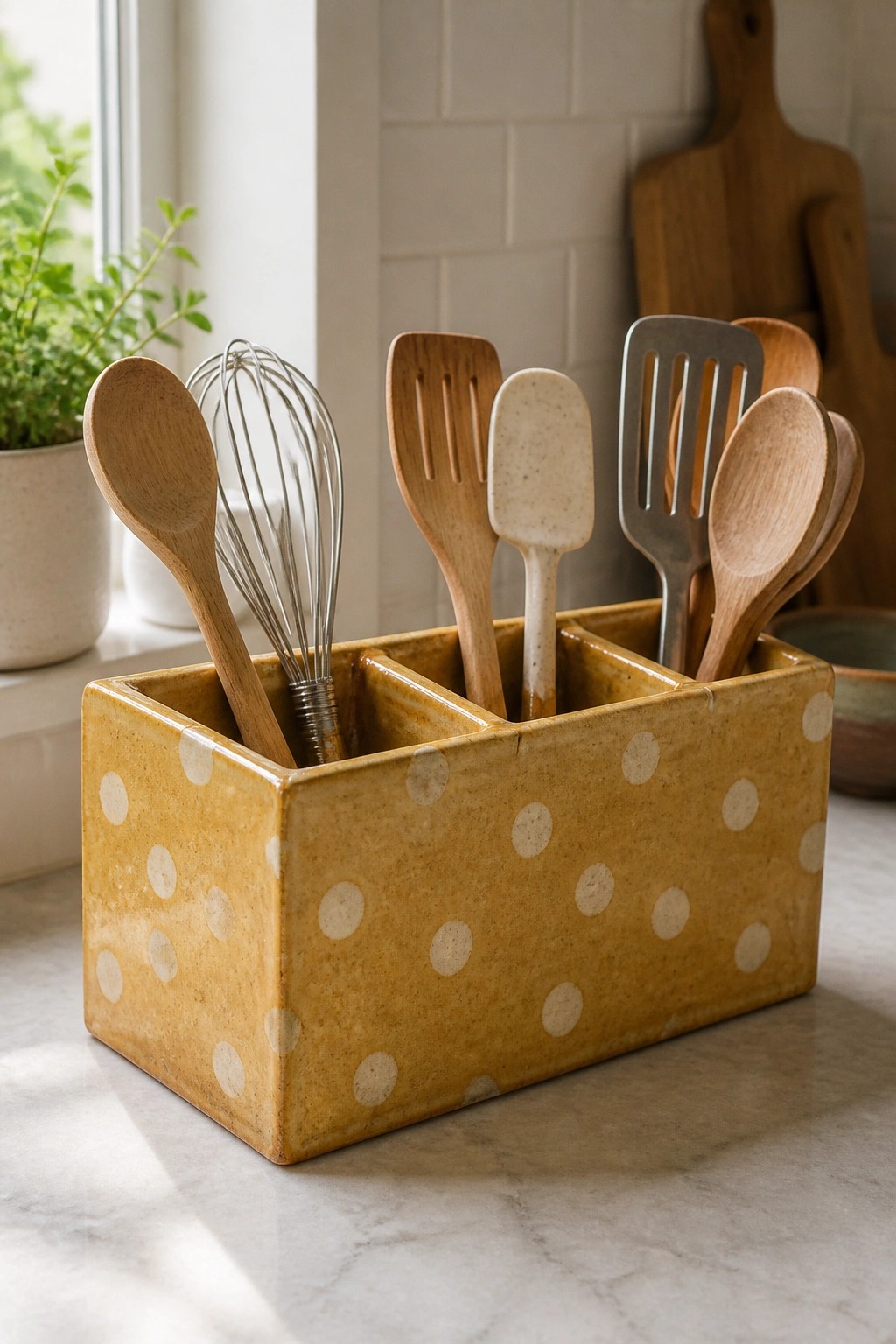 Yellow polka-dotted ceramic caddy holding wooden spoons, whisk, and spatulas on marble.