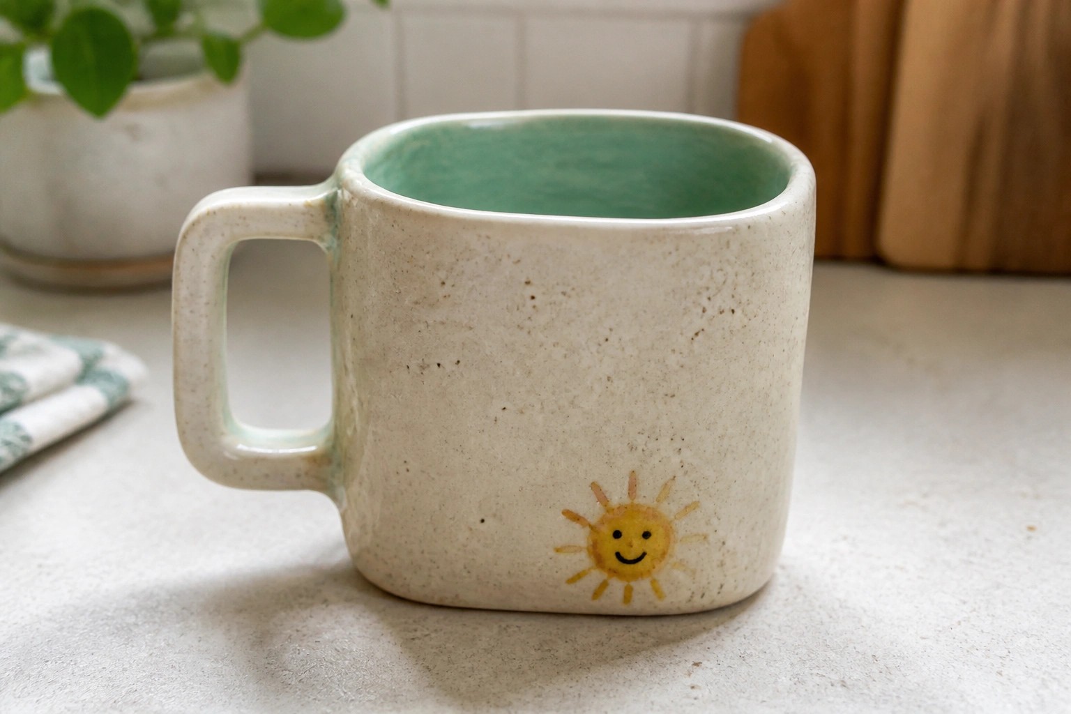 Speckled beige ceramic mug with green interior and smiling sun on counter.