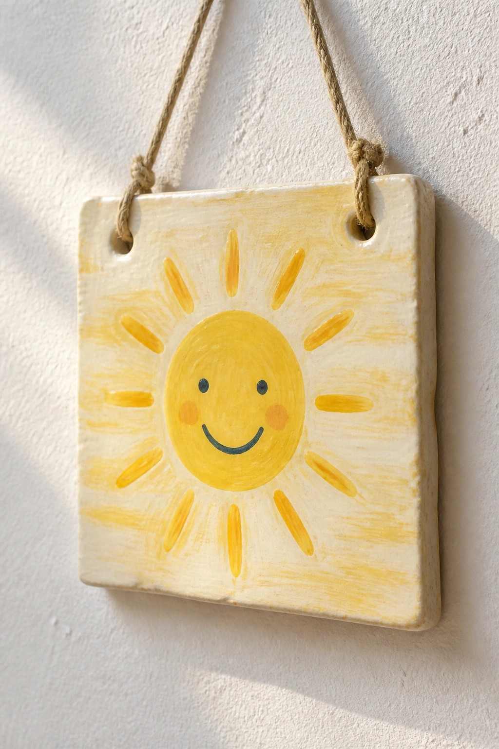 Square ceramic tile with painted yellow sun face and rays, hung on a wall with rope through top holes.
