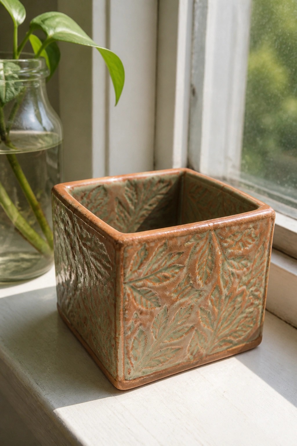 Square ceramic pot with embossed leaves on sunny windowsill beside glass jar
