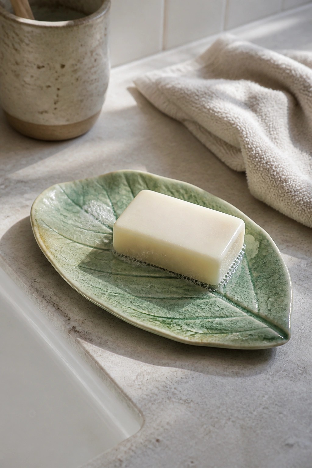 White soap bar on green leaf ceramic dish beside beige towel on counter