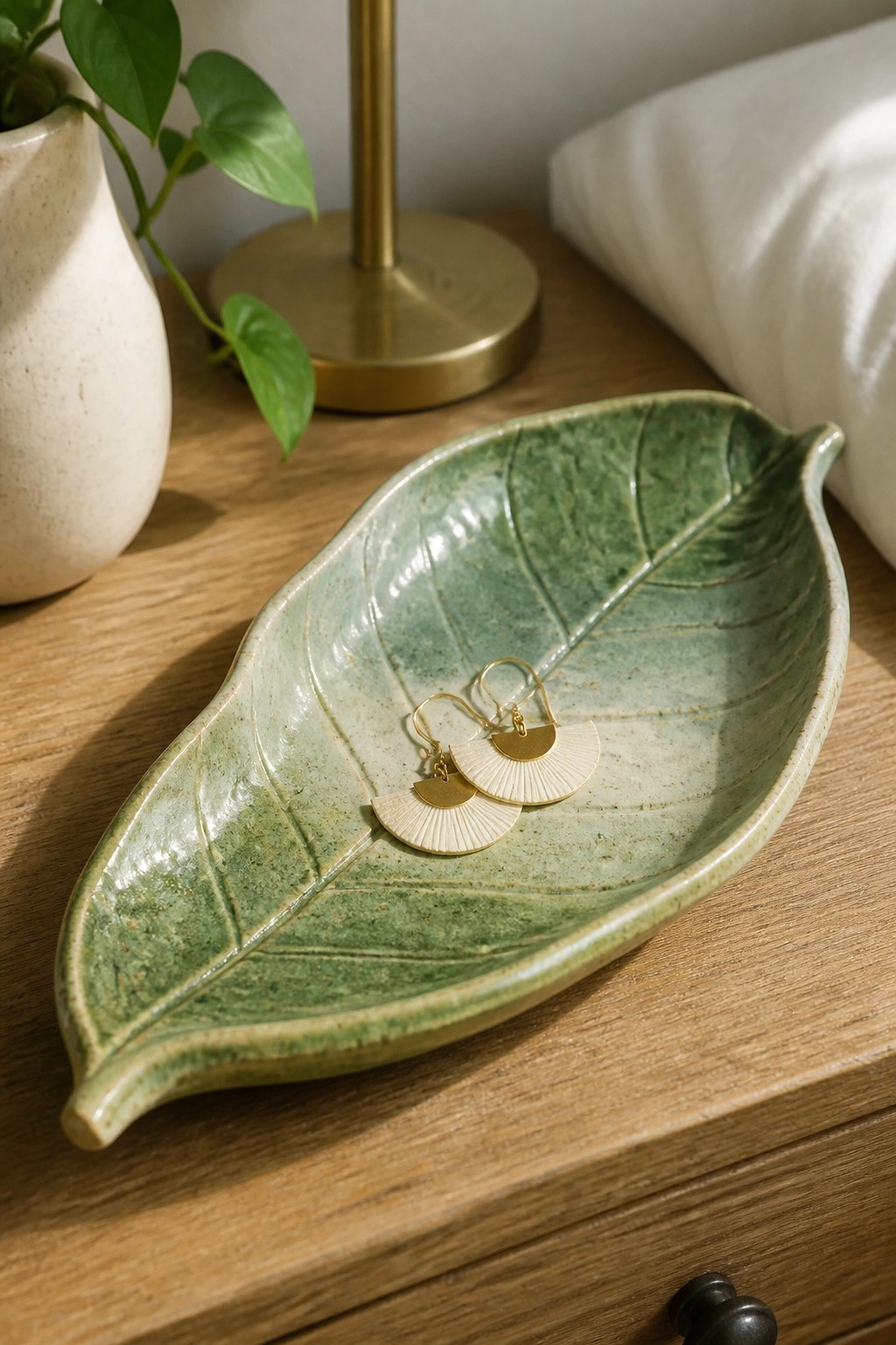 Green leaf-shaped ceramic dish holding gold fan earrings on wooden table
