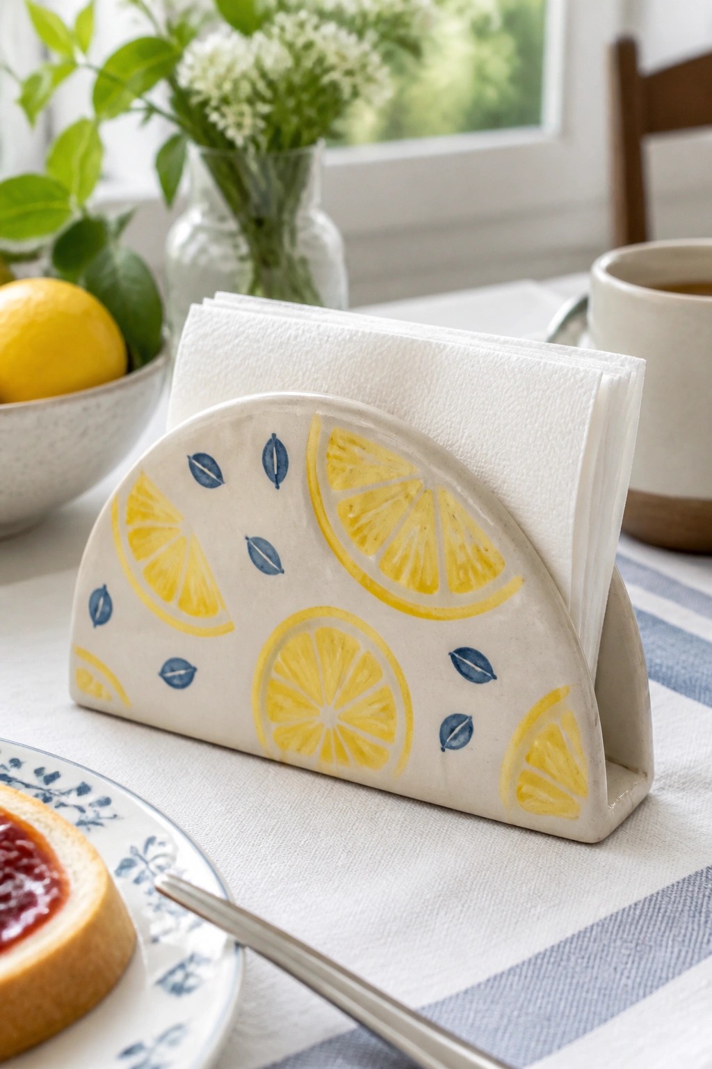Ceramic napkin holder with yellow lemon slices and blue leaves holding white paper napkins on a table.