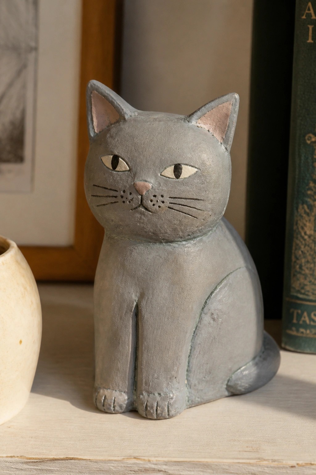 A small gray clay cat figurine with painted eyes and ears sits on a light wood surface.