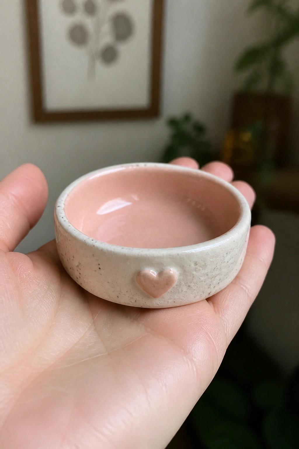 Hand holding small speckled bowl with pink interior and heart detail.