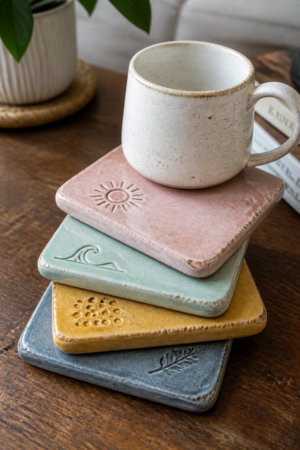 Stack of pastel ceramic coasters with sun, wave, and leaf designs under white mug
