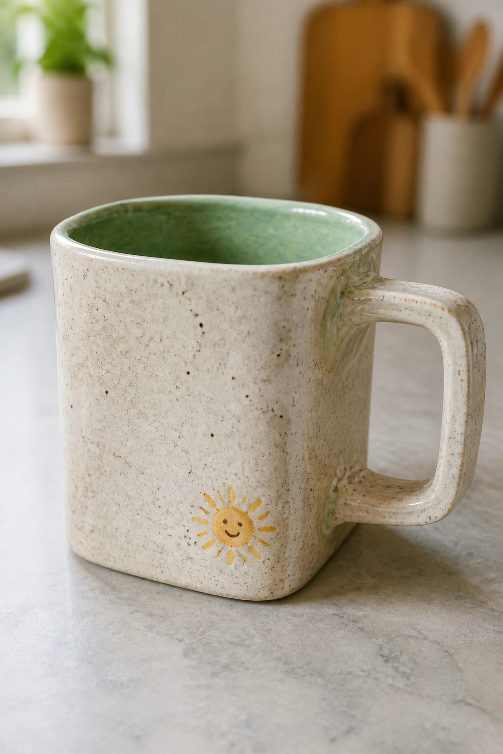 Speckled beige ceramic mug with green interior and smiling sun on counter.