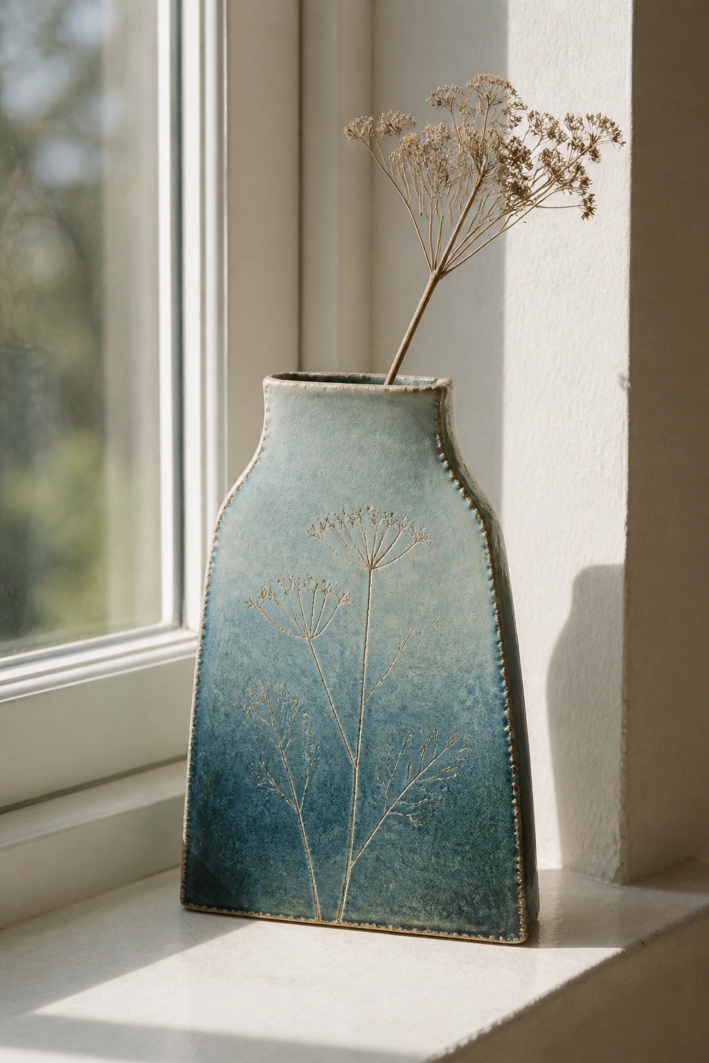 Blue ceramic vase with etched botanicals holding dried flowers on sunlit windowsill