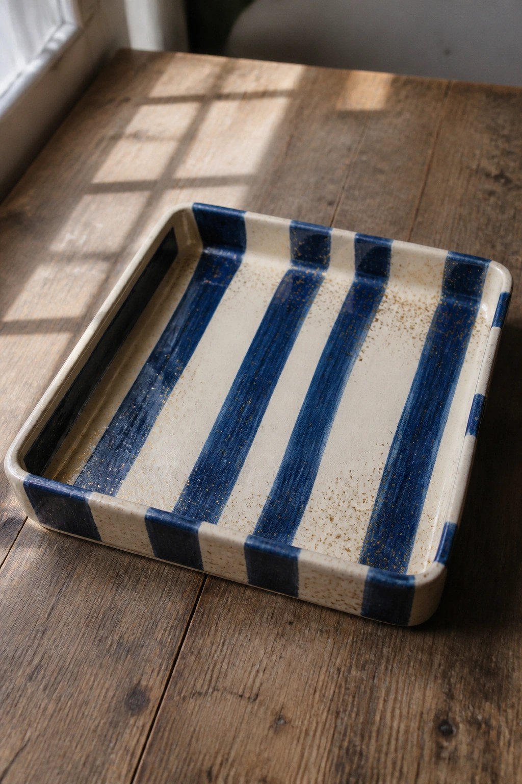 Blue striped ceramic tray on wooden table with sunlight grid shadows