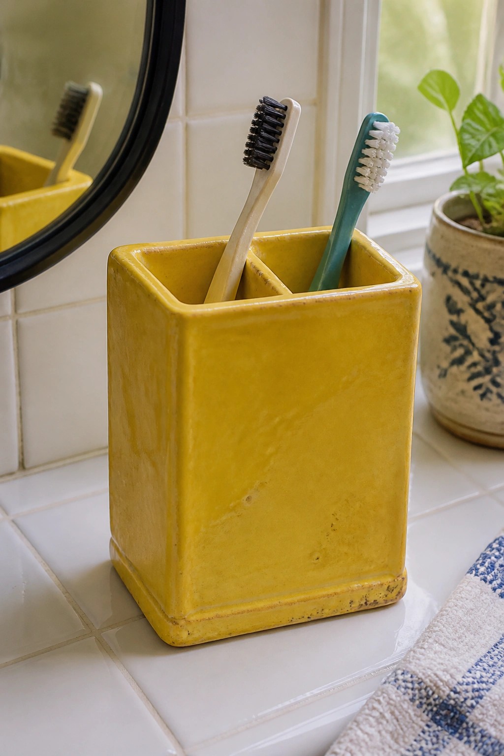 Yellow ceramic toothbrush holder with beige and teal brushes on white tiles