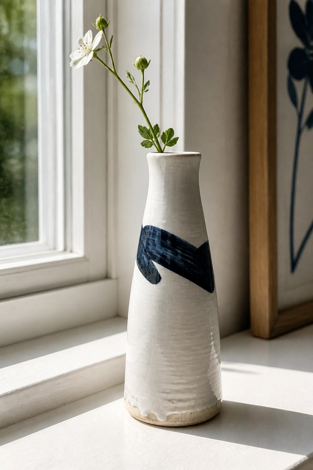 White ceramic vase with blue brushstroke holds a white flower on windowsill