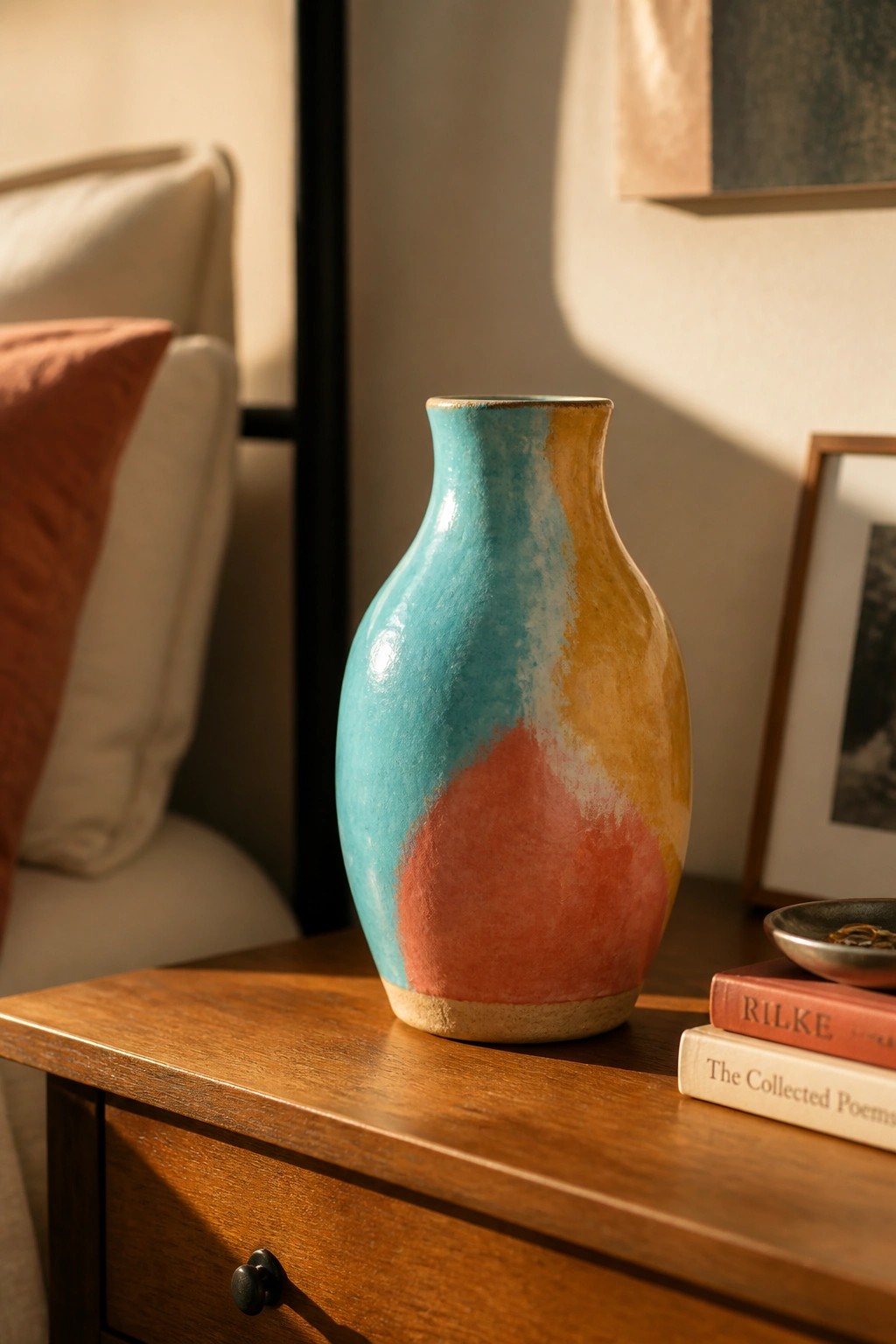 Colorful turquoise, yellow, and coral vase on wooden table beside Rilke poetry books.