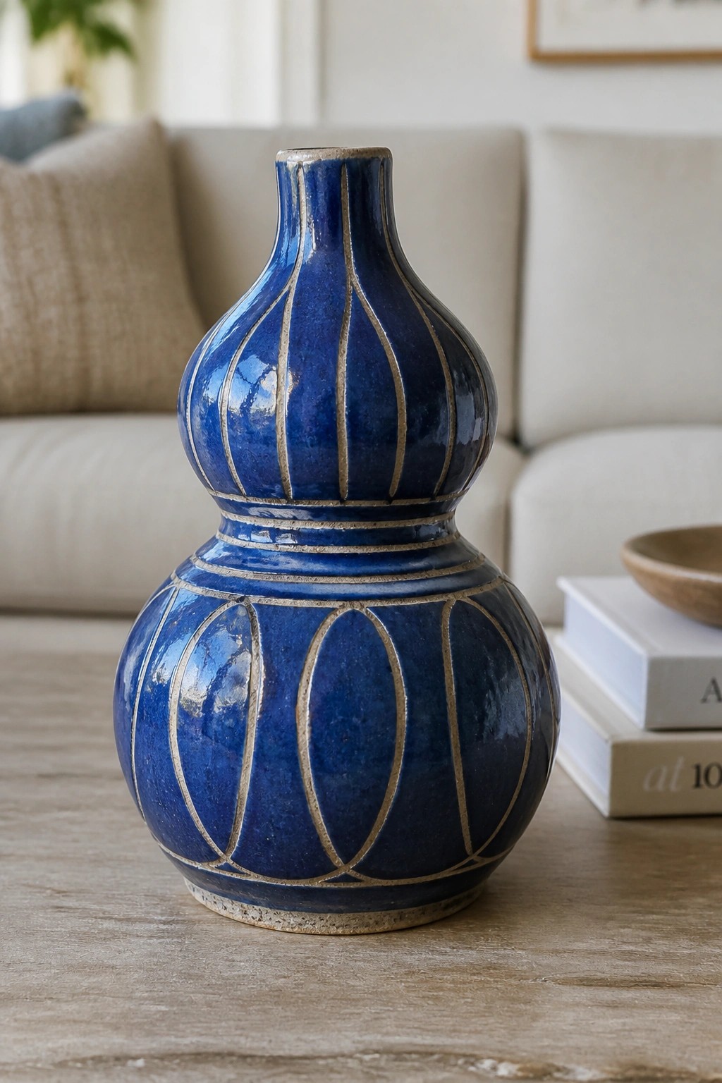 Blue double-gourd ceramic vase with gold stripes on wooden table