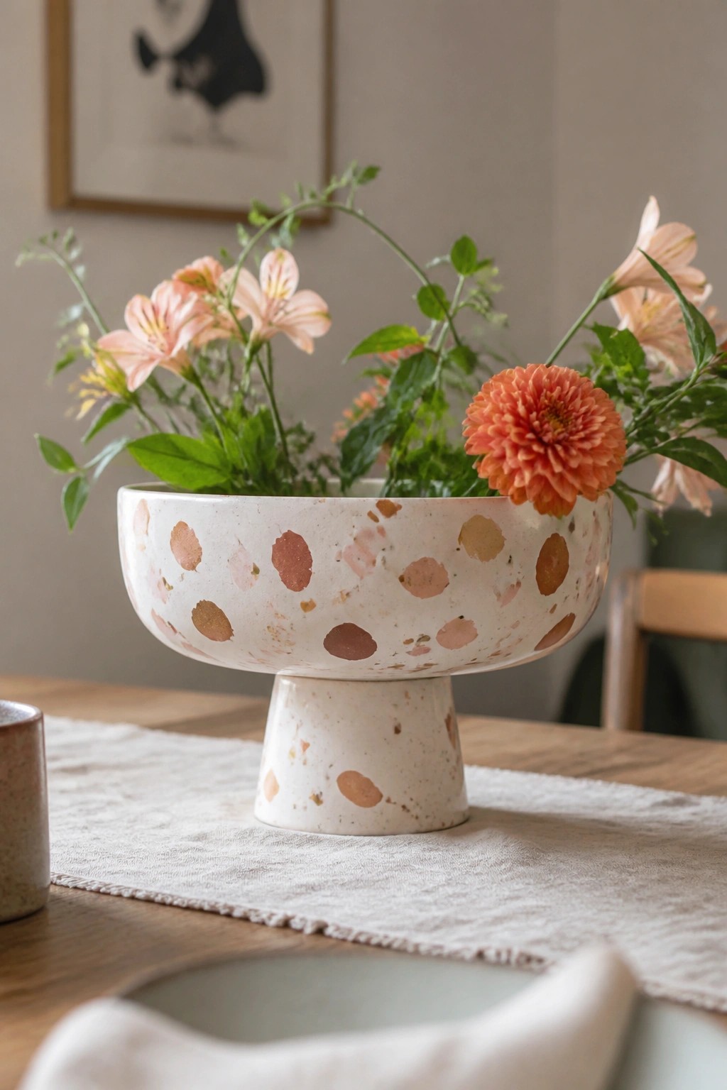 Speckled ceramic pedestal bowl with pink and orange flowers on wooden table.