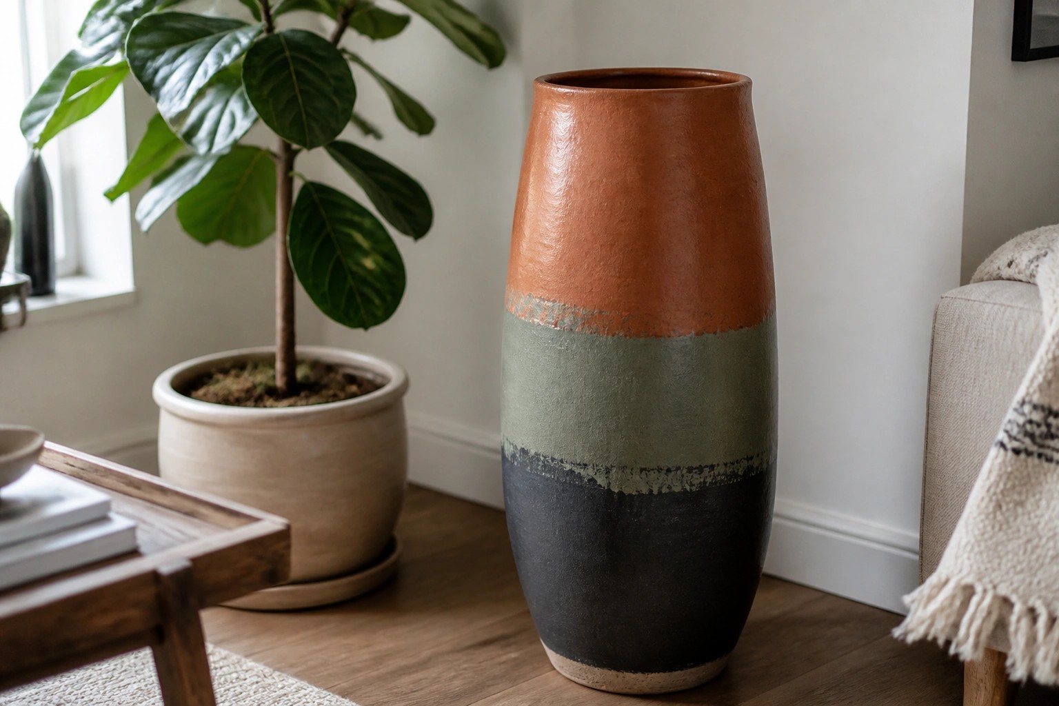 Tall ceramic vase with orange, green, and black sections on wooden floor.