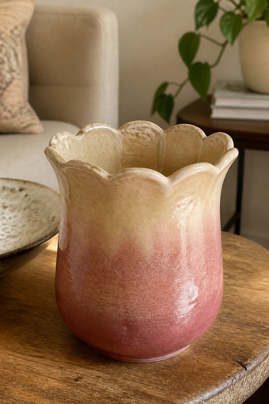 Pink and beige scalloped ceramic vase on wooden table