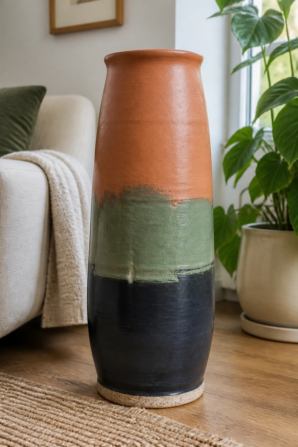 Tall ceramic vase with orange, green, and black sections on wooden floor.