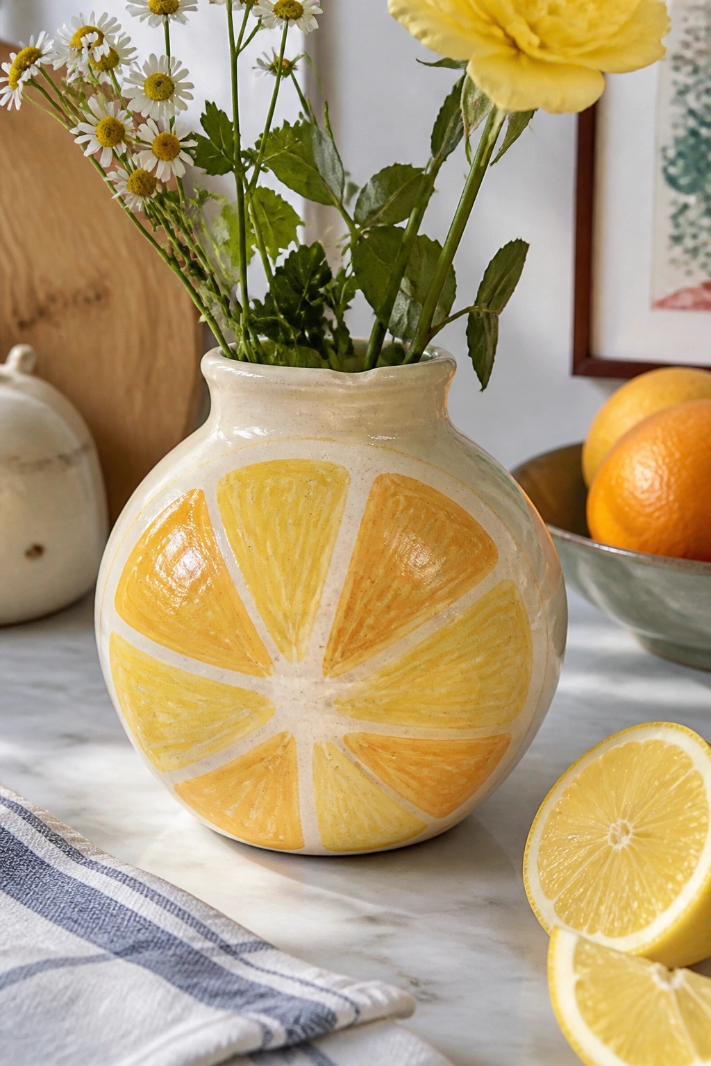 Ceramic vase with lemon slices holding daisies and yellow rose on marble counter