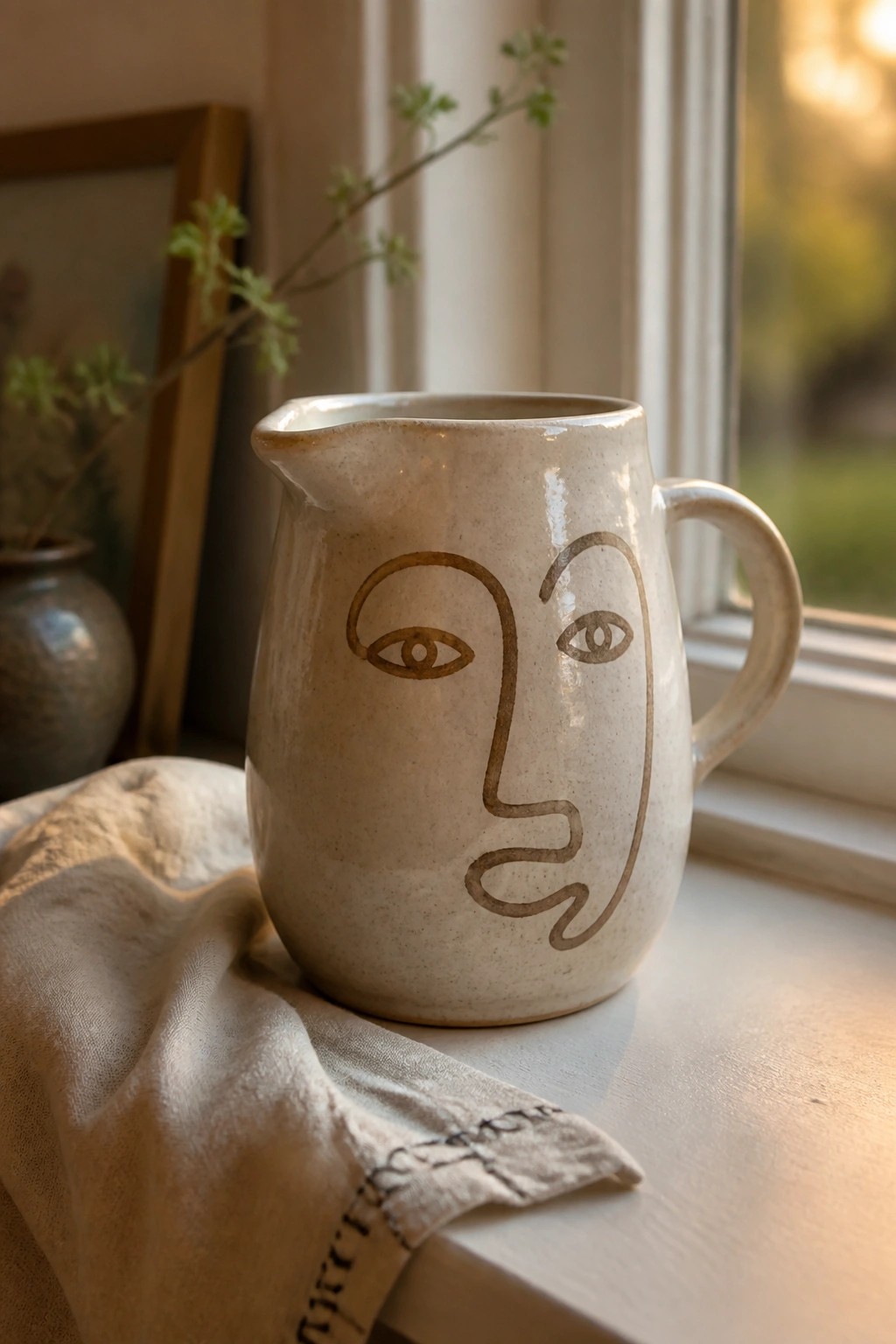 Ceramic pitcher with minimalist face design on windowsill beside linen cloth