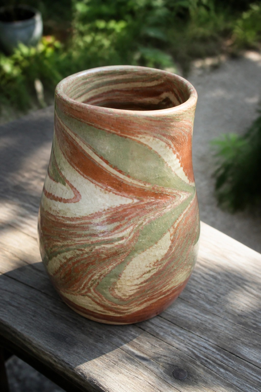 Marbled ceramic vase with swirling orange, green, and cream patterns on wooden table