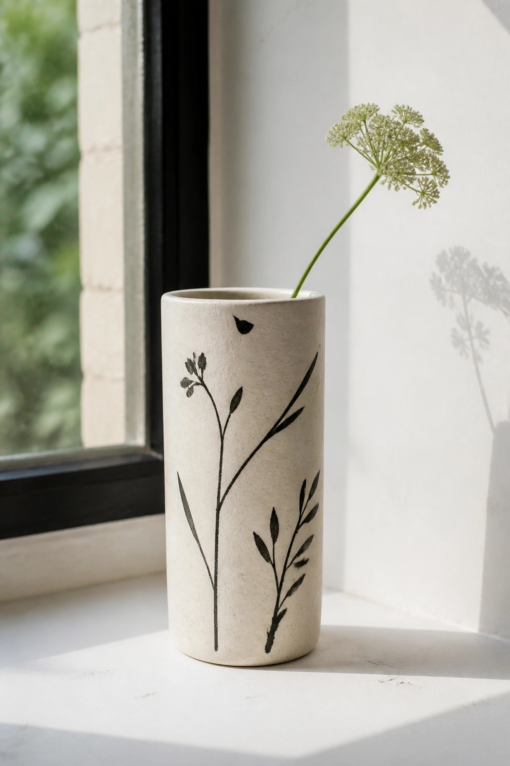 White cylindrical vase with black botanical prints holding single white flower on windowsill