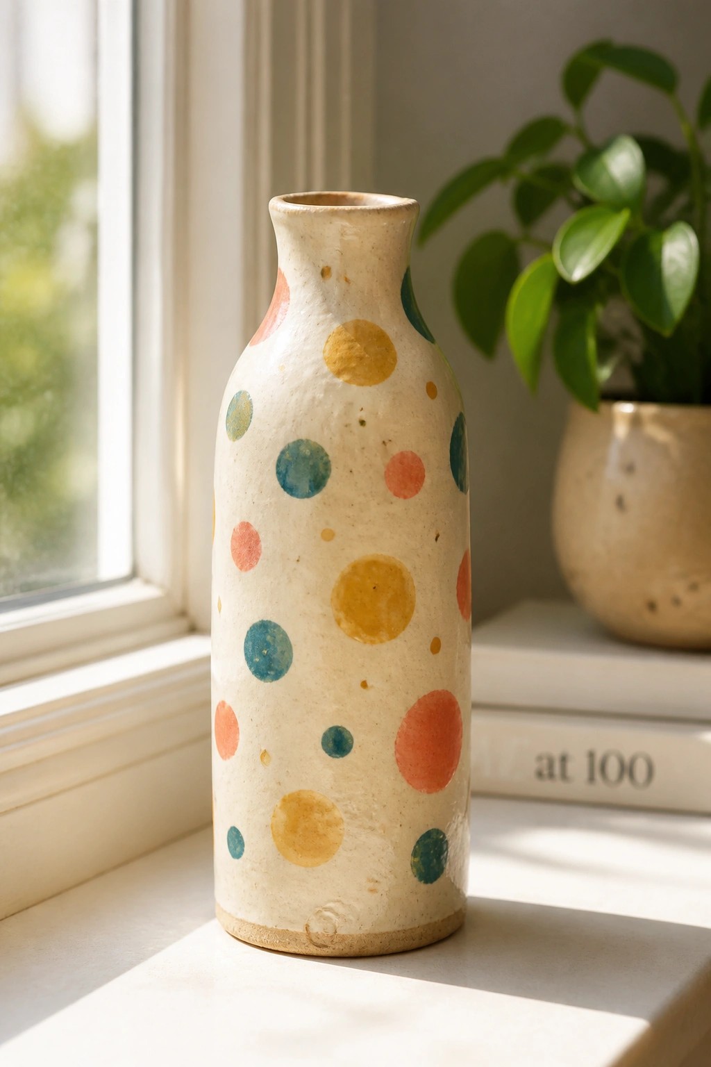 Speckled white vase with colorful dots on sunlit windowsill near plant and books