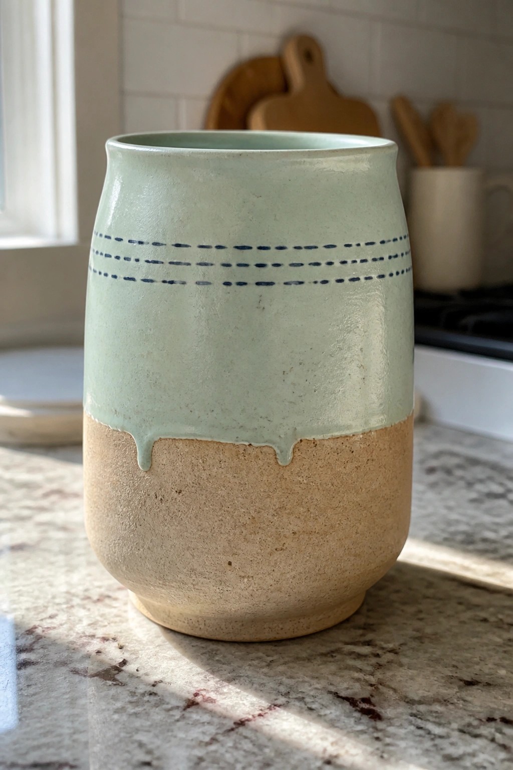 Mint green ceramic vase with dripping glaze and blue dashed lines on beige base