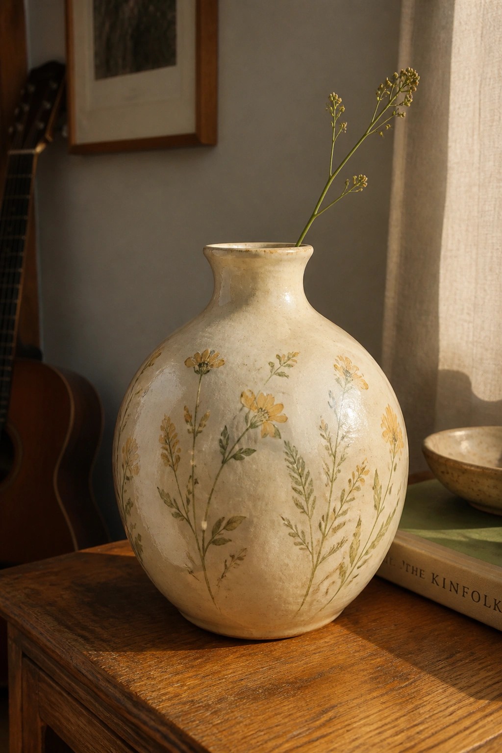 Cream ceramic vase with yellow floral designs holding a dried stem on wooden table