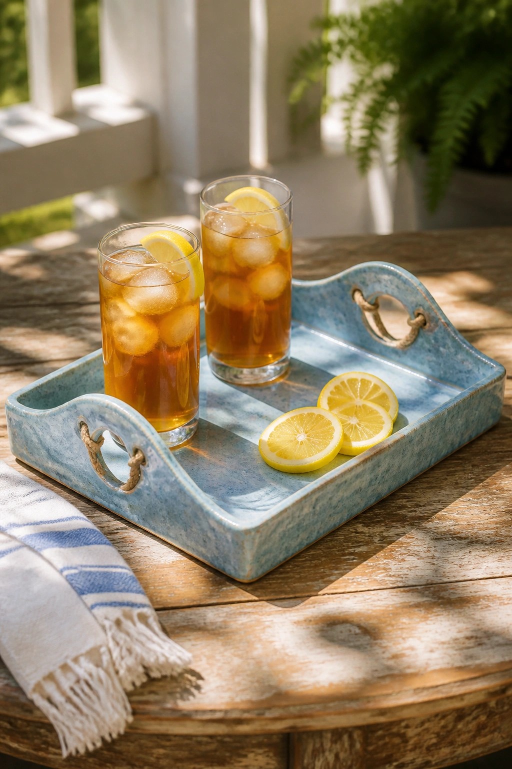 Two iced teas with lemon slices on a blue ceramic tray atop wooden table