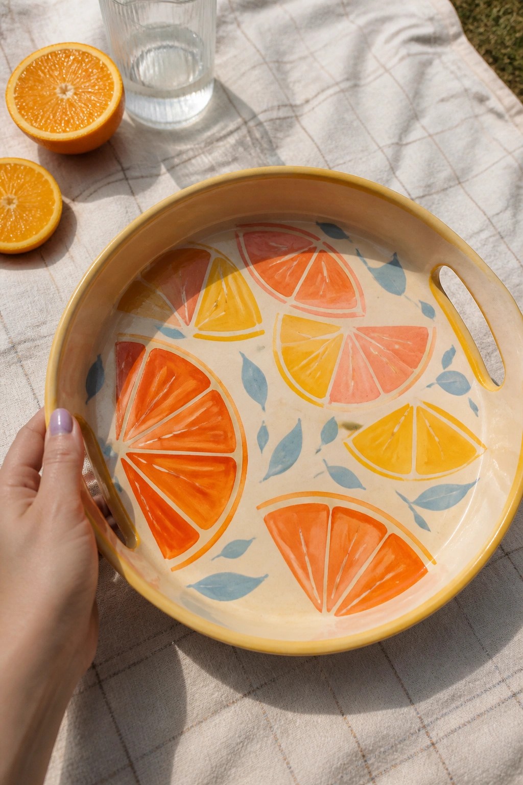Hand holding ceramic tray with colorful citrus designs on checkered picnic blanket with oranges