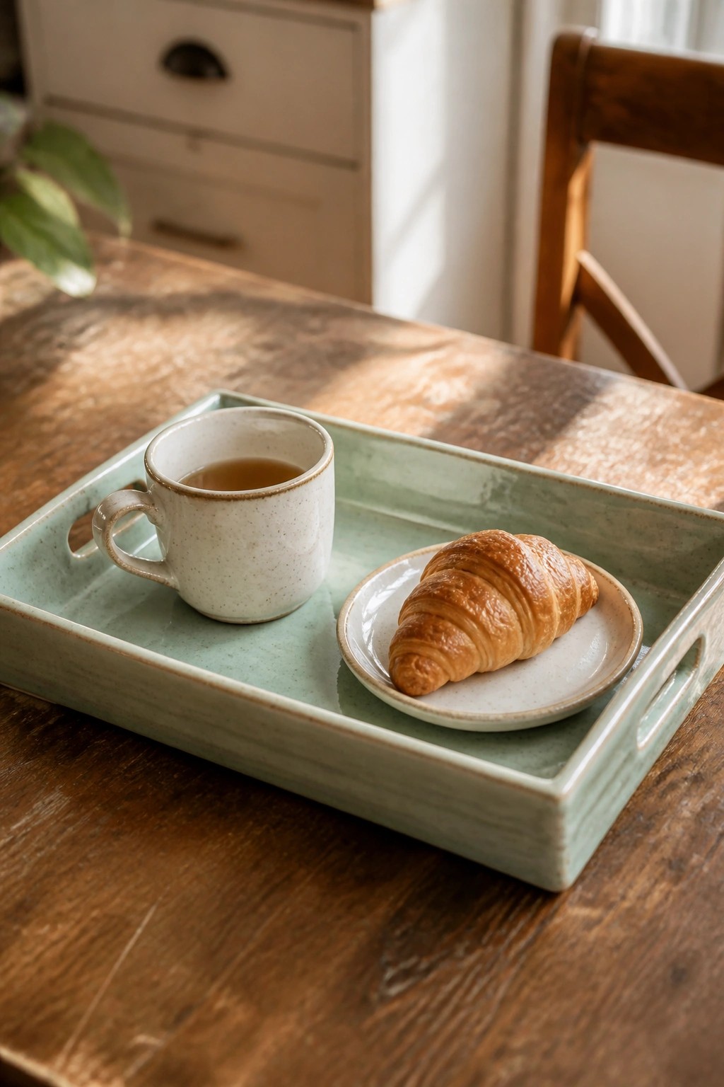 Croissant on small plate beside tea-filled mug on green tray over wooden table