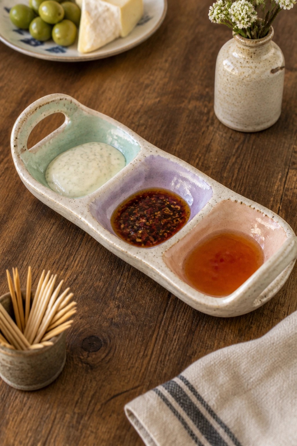 Multicolored ceramic divided tray with sauces on wooden table beside olives and cheese.