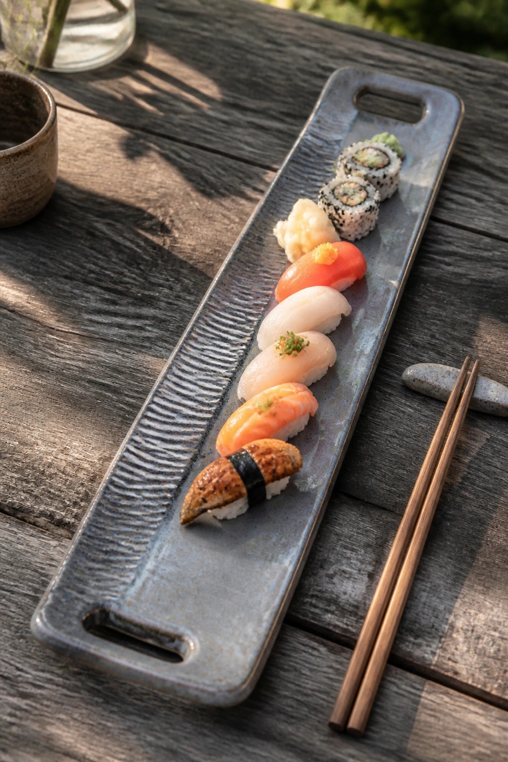 A long blue-gray ceramic tray with cutout handles holding several pieces of sushi on a wooden table.