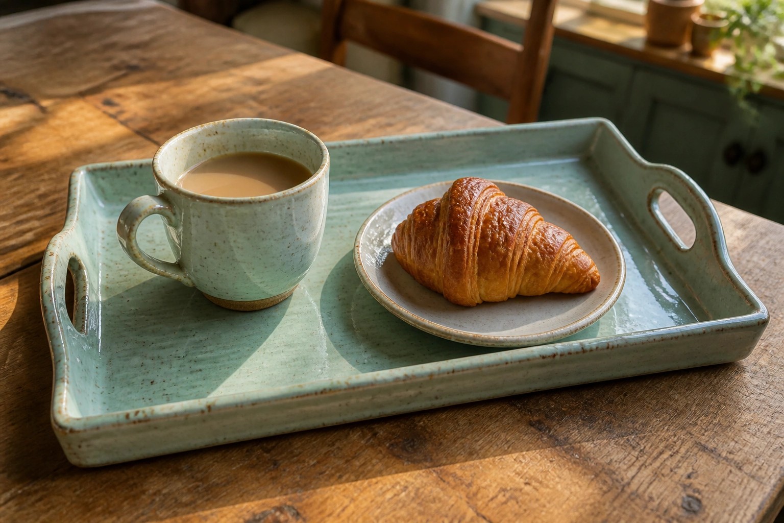 Croissant on small plate beside tea-filled mug on green tray over wooden table