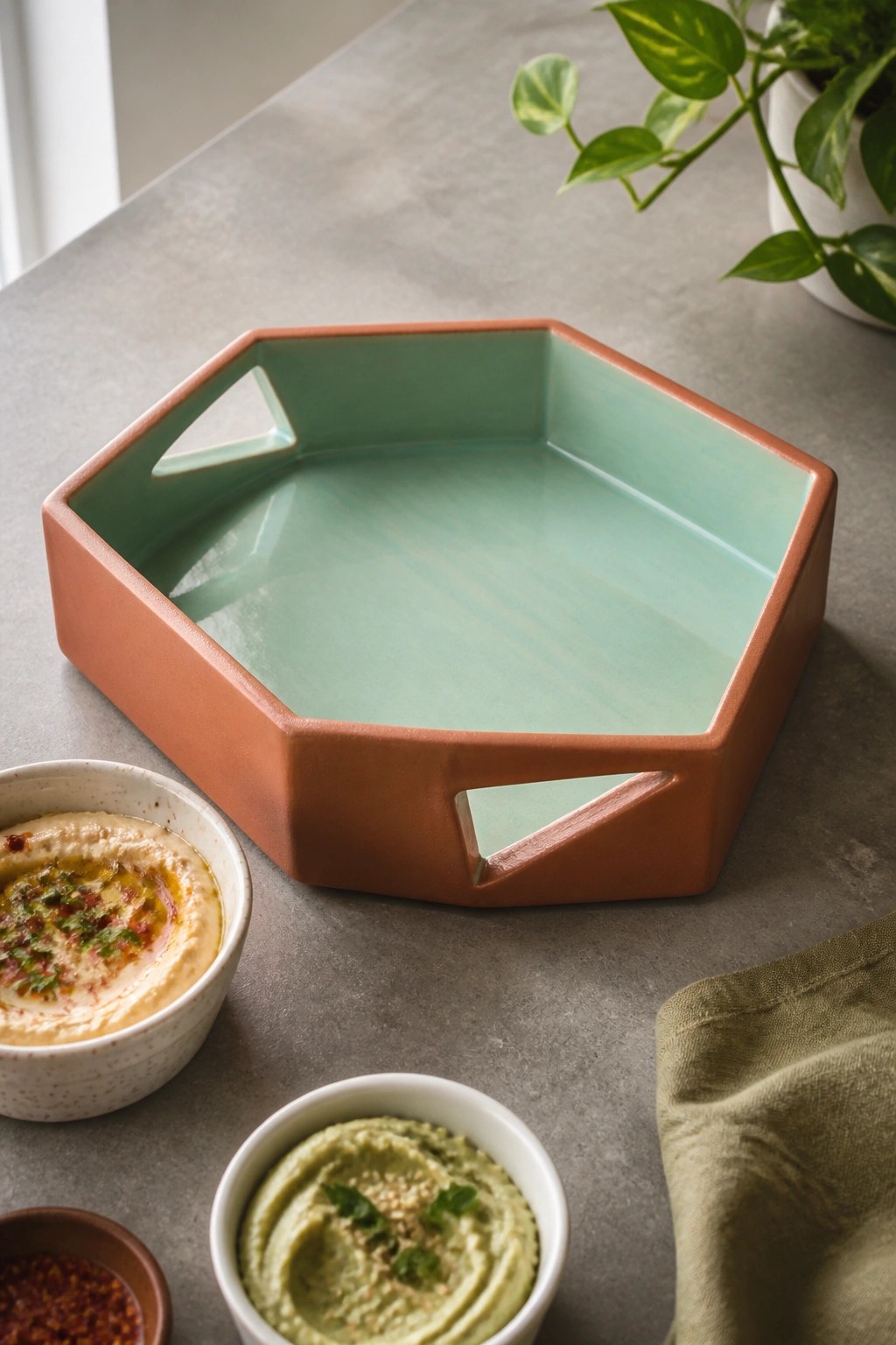 Terracotta hexagonal tray with mint interior beside bowls of hummus on gray countertop