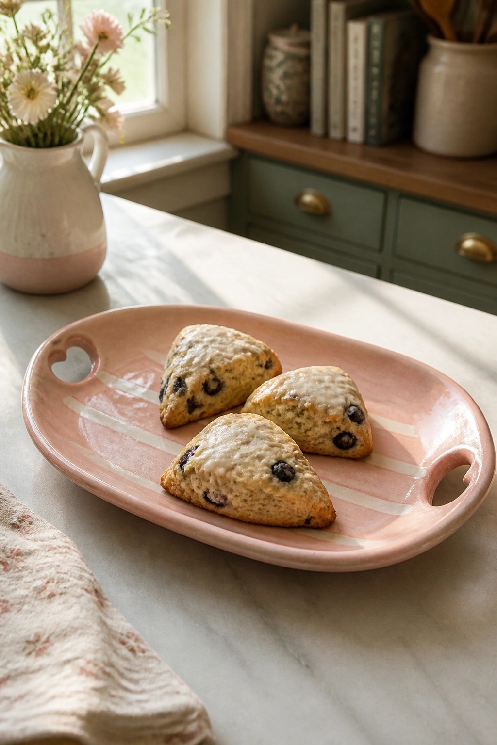 Three glazed blueberry scones on pink striped platter with heart handles.