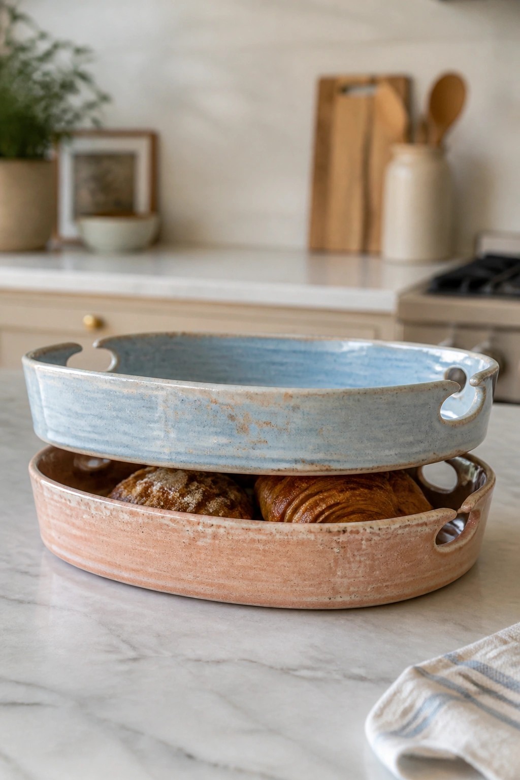 Stacked blue and peach ceramic dishes holding bread on marble counter