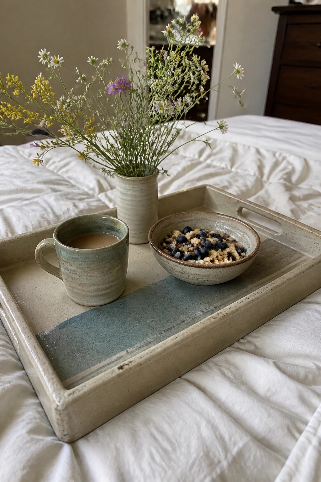 Ceramic tray on white bed with coffee mug, blueberry bowl, and wildflower vase